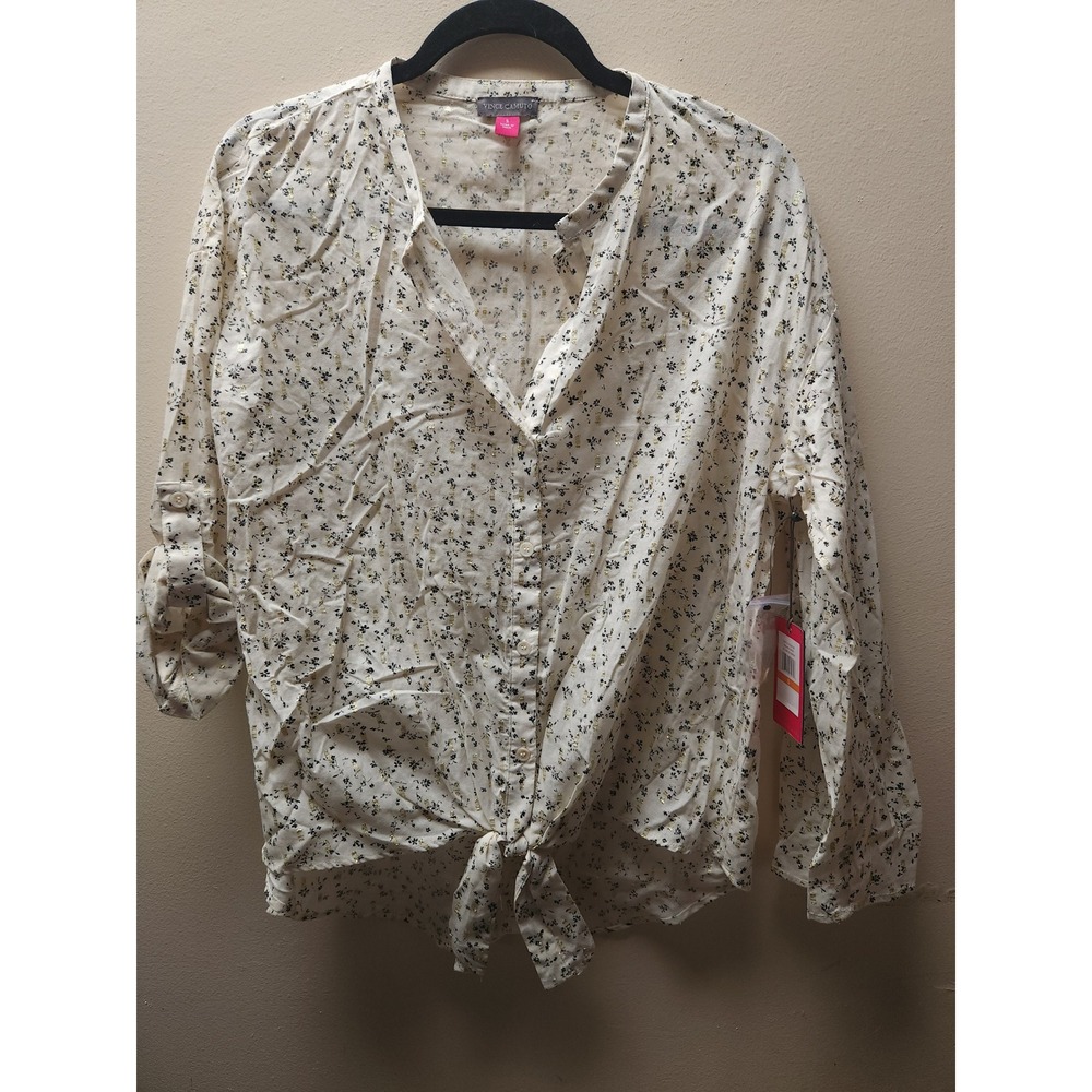 Vince Camuto Island Oasis Floral Tie Front Roll Tab Blouse Birch Gold Small NEW